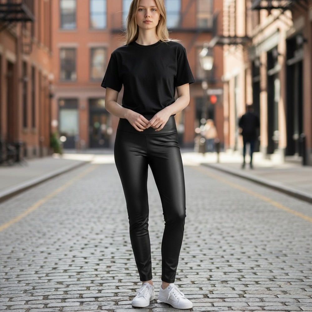 Black Faux Leather High Waisted Leggings Skinny Fit Pull On Pants L /#26940